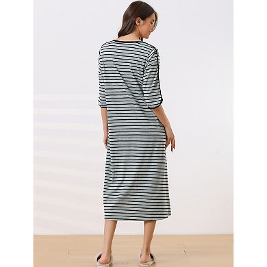 Women's Zip Front Robe 3/4 Sleeve Striped Long Bathrobe Dress Pajama