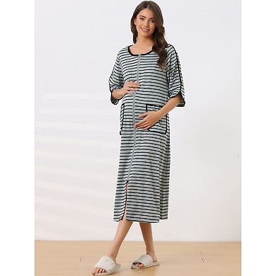 Women's Zip Front Robe 3/4 Sleeve Striped Long Bathrobe Dress Pajama