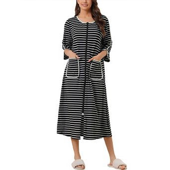 Women's Zip Front Robe 3/4 Sleeve Striped Long Bathrobe Dress Pajama