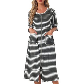 Women's Zip Front Robe 3/4 Sleeve Striped Long Bathrobe Dress Pajama