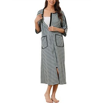 Women's Zip Front Robe 3/4 Sleeve Striped Long Bathrobe Dress Pajama