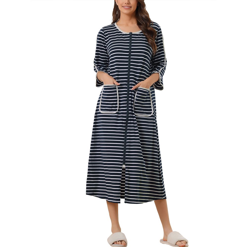 Women's Zip Front Robe 3/4 Sleeve Striped Long Bathrobe Dress Pajama