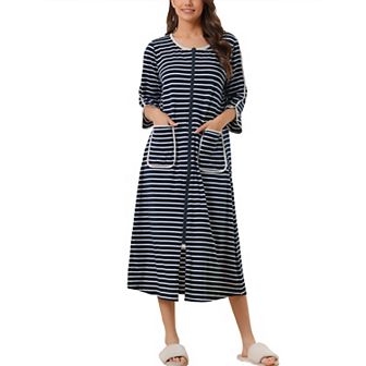 Women's Zip Front Robe 3/4 Sleeve Striped Long Bathrobe Dress Pajama