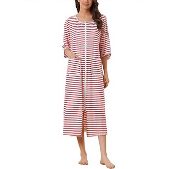 Women's Zip Front Robe 3/4 Sleeve Striped Long Bathrobe Dress Pajama