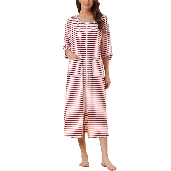 Women's Zip Front Robe 3/4 Sleeve Striped Long Bathrobe Dress Pajama