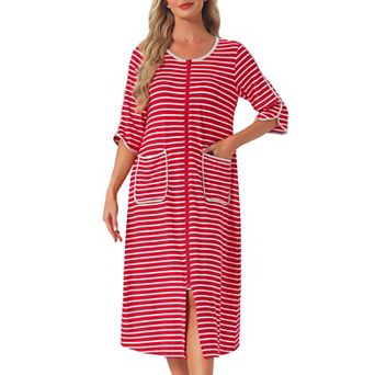 Women's Zip Front Robe 3/4 Sleeve Striped Long Bathrobe Dress Pajama