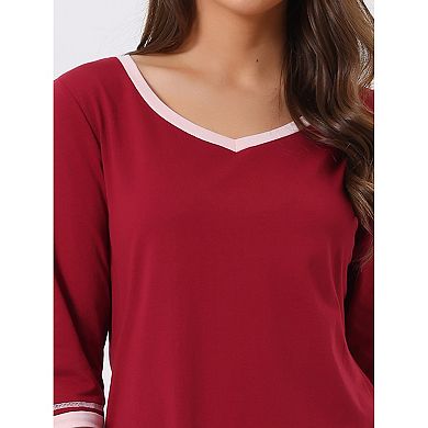 Women's 3/4 Sleeve V Neck Full Length Sleep Nightdress With Pockets