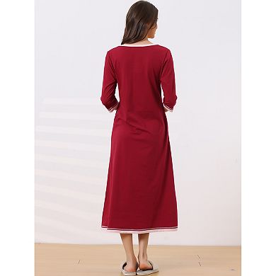 Women's 3/4 Sleeve V Neck Full Length Sleep Nightdress With Pockets
