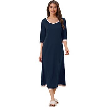 Women's 3/4 Sleeve V Neck Full Length Sleep Nightdress With Pockets