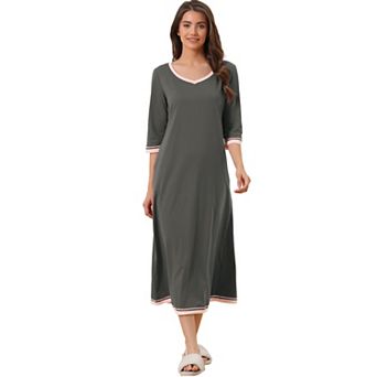Women's 3/4 Sleeve V Neck Full Length Sleep Nightdress With Pockets
