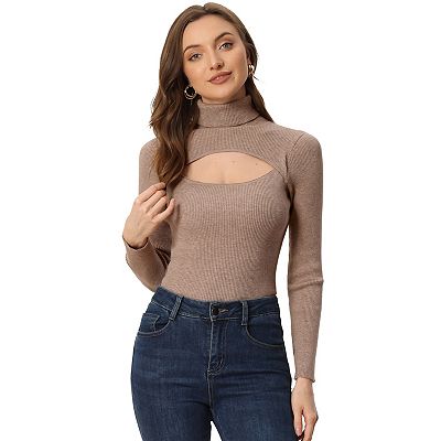 Women's Turtleneck Knit Sweater Long Sleeve Hollow Out Front Fit