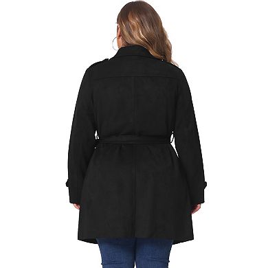 Women's Plus Size Faux Suede Notched Lapel Double Breasted Trench Coat Jacket With Belt