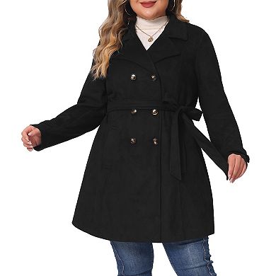 Women's Plus Size Faux Suede Notched Lapel Double Breasted Trench Coat Jacket With Belt