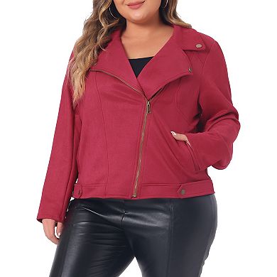 Plus Size For Women Jacket Faux Suede Bomber Moto Biker Zip-up Coat Jackets