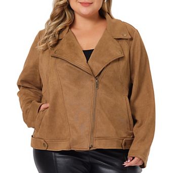 Plus Size For Women Jacket Faux Suede Bomber Moto Biker Zip-up Coat Jackets Brown