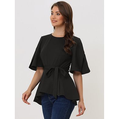 Women's Split Half Sleeve Crew Neck Belted Knot Drap Casual Peplum Blouse