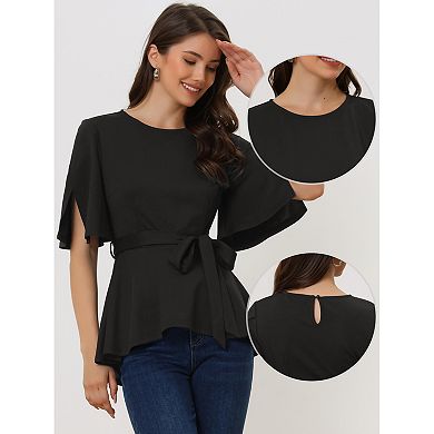 Women's Split Half Sleeve Crew Neck Belted Knot Drap Casual Peplum Blouse