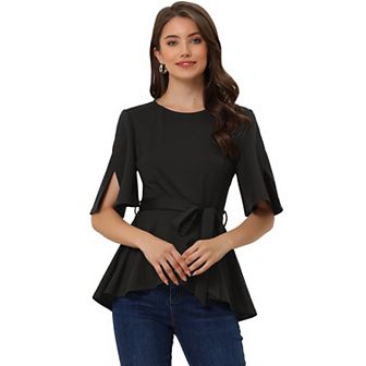 Women's Split Half Sleeve Crew Neck Belted Knot Drap Casual Peplum Blouse