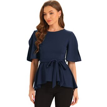 Women's Split Half Sleeve Crew Neck Belted Knot Drap Casual Peplum Blouse
