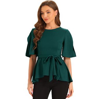 Women's Split Half Sleeve Crew Neck Belted Knot Drap Casual Peplum Blouse