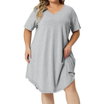 Women Plus Size Pajama Dress V Neck Short Sleeve Lace Trim Hem Loose Tshirt Nightgown Sleepwear