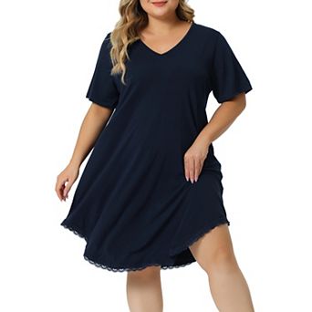 Women Plus Size Pajama Dress V Neck Short Sleeve Lace Trim Hem Loose Tshirt Nightgown Sleepwear