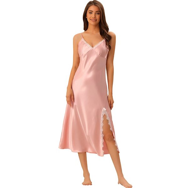 Womens Satin Nightgown Lingerie Strap Chemise Silky Split Hem Sleepwear