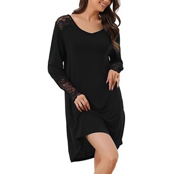 Women's Lace Trim Long Sleeves Pull-on Nightshirt Dress