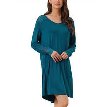 Women's Lace Trim Long Sleeves Pull-on Nightshirt Dress