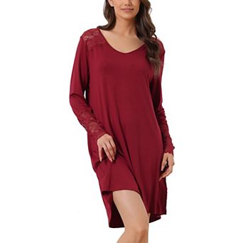 Women's Lace Trim Long Sleeves Pull-on Nightshirt Dress