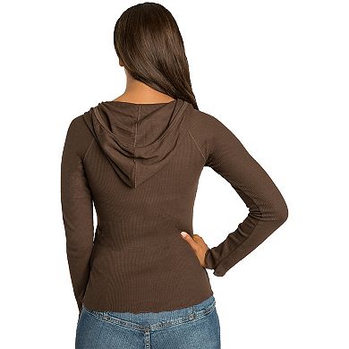 Women's Sweet Vibes Stretch Thermal Long Sleeve Tops Snap Button Henley With Hood