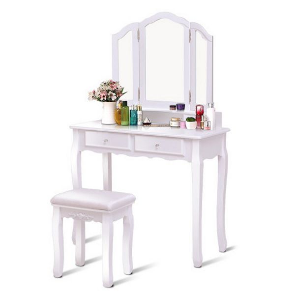 Tri Folding Mirror Vanity Table Stool Set with 4 Drawers and Cushioned