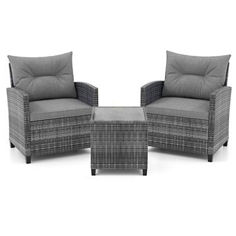 3 pc Outdoor Patio Furniture Set with Two Sofa Chairs and Tempered Glass Coffee Table