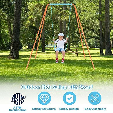 Outdoor Kids Swing Set with Heavy-Duty Metal A-Frame and Ground Stakes