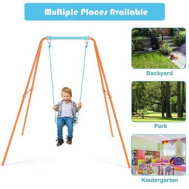Outdoor Kids Swing Set with Heavy-Duty Metal A-Frame and Ground Stakes