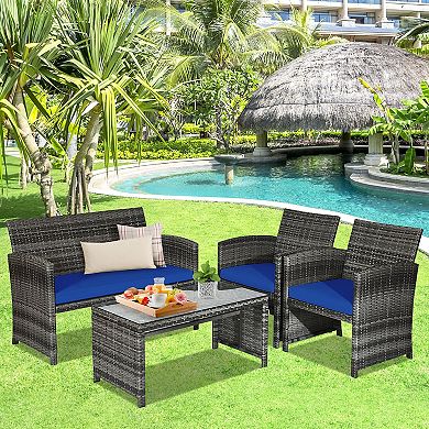 4 Pieces Patio Rattan Furniture Set Top Sofa With Glass Table