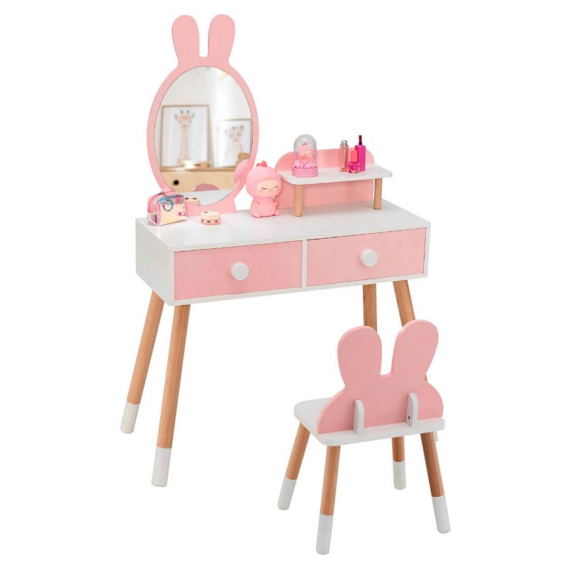 Kids Vanity Princess Makeup Dressing Table Chair Set with Tri-fold