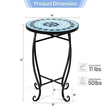 14 Inch Mosaic Round Side Table Plant Stand for Patio Lawn Garden