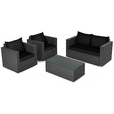 4 Pieces Patio Rattan Conversation Set with Padded Cushion and Tempered Glass Coffee Table