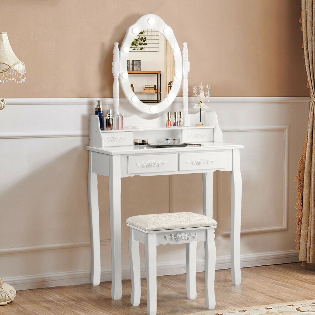 Makeup Vanity Dressing Table Set With Dimmable Bulbs Cushioned Stool