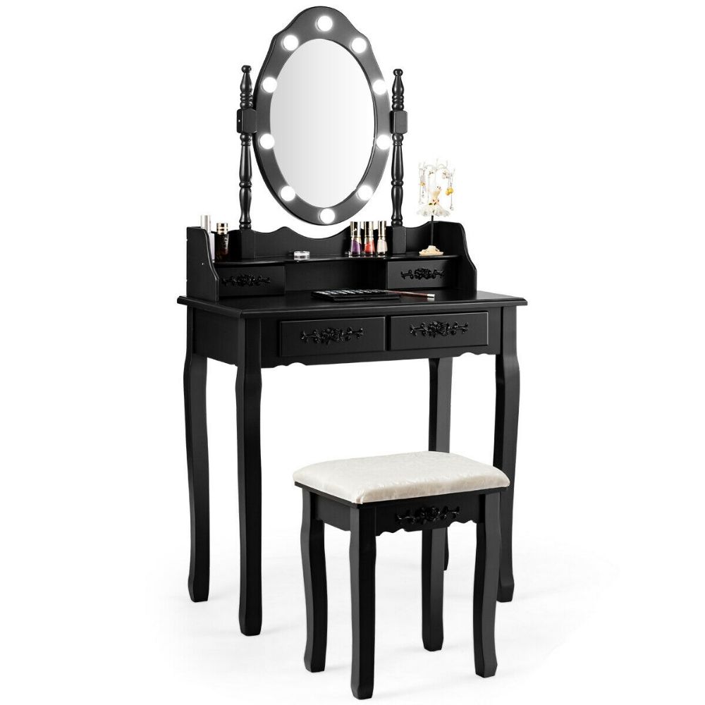 Makeup Vanity Dressing Table Set With Dimmable Bulbs Cushioned Stool