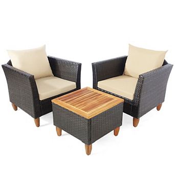 3 pc Patio Furniture Set with 2 Chairs, Cushions and Acacia Wood Coffee Table for Outdoor Seating