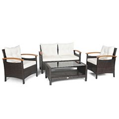 3 Pieces Patio Wicker Furniture Set with 2-Tier Side Table and Cushioned Armchairs-Natural