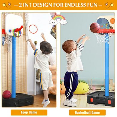 2 in 1 Kids Basketball Hoop Stand with Ring Toss and Storage Box