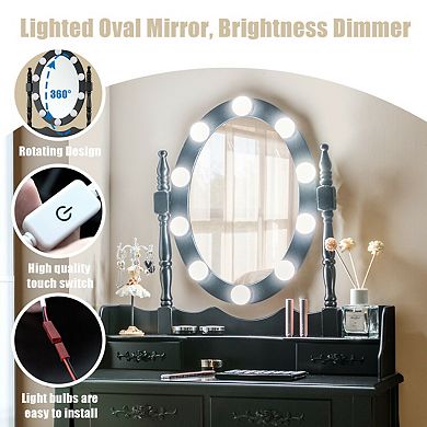 Makeup Dressing Table With Touch Switch Lighted Mirror And Cushioned Stool