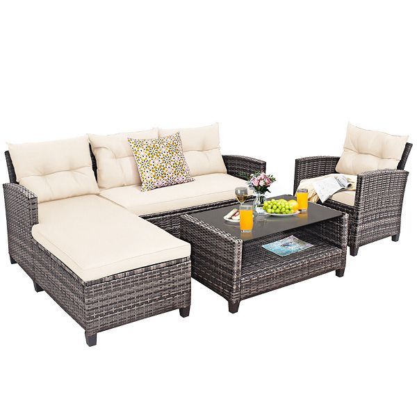 4 Pieces Patio Rattan Furniture Set with Cushion and Table ShelfOff White