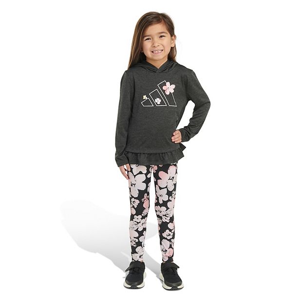 Baby Toddler Girl Adidas 2 pc. Long Sleeve Hooded Tee and Printed 3S Legging Set Toddler Girl s Size 2T Black