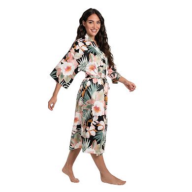 Women's Lilac+London Tropical Floral Print Midi Kimono Wrapper Robe