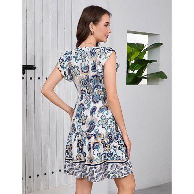 Women's Ruffle Short Sleeve V Neck Midi Dresses Floral Printed Flowy A-Line Mini Dress