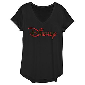 Disney's Plaid Print Logo Juniors' V-Neck Tee